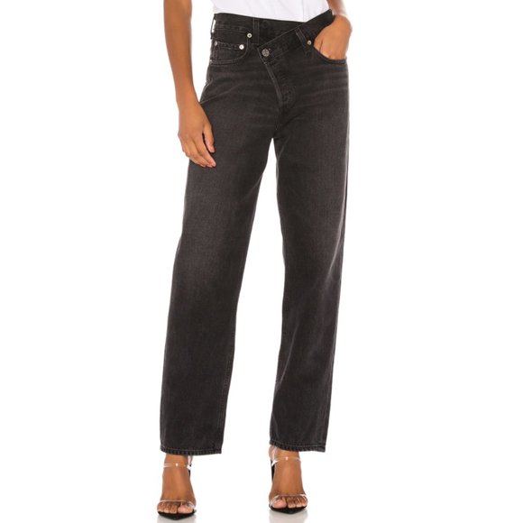 Agolde Denim - AGOLDE | Criss Cross Straight 100% Cotton Rigid Denim Jeans in Savage Gray Black